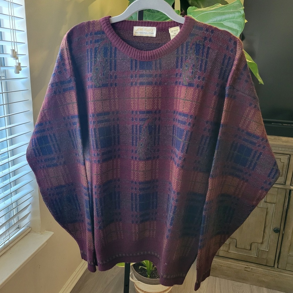 Lord & Taylor Metropolitan Mens XL Plaid Sweater Burgundy Wool Blend Italy